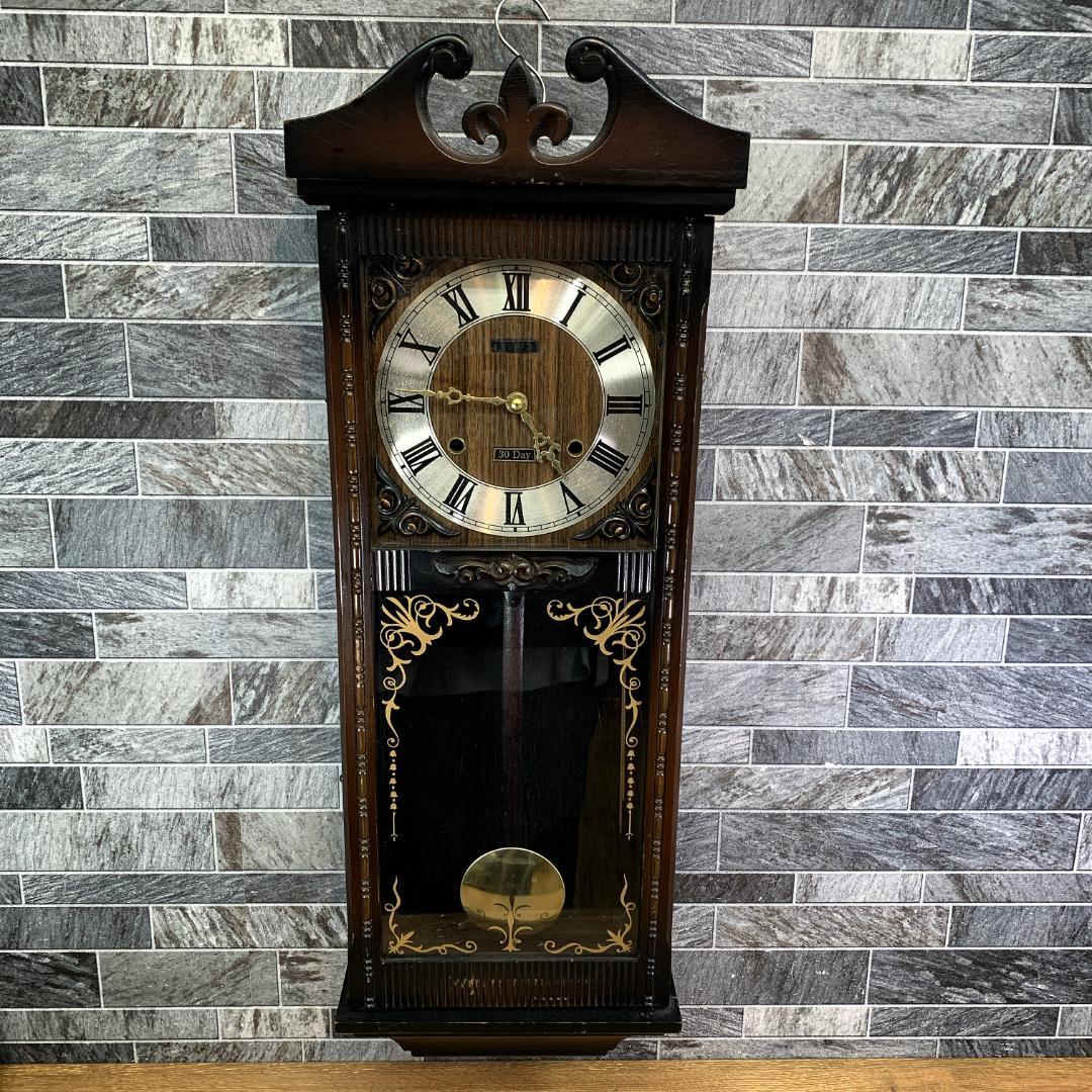 昭和中期 稼働品 CITIZEN 木製 ネジ巻き柱時計 振り子時計 ボンボン