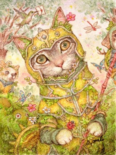 【原画】『森を出る太古の戦士』（猫の絵　猫グッズ　苔　パステル画） 色鉛筆画 パステル画 猫 猫の絵 原画 イラスト 三毛猫 ペット 似顔絵