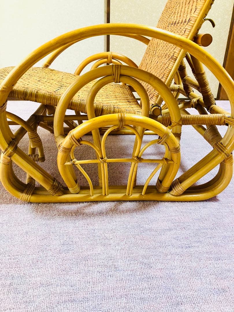 【手渡し限定】ラタン リクライニングチェア フットレスト付き 三つ折寝椅子