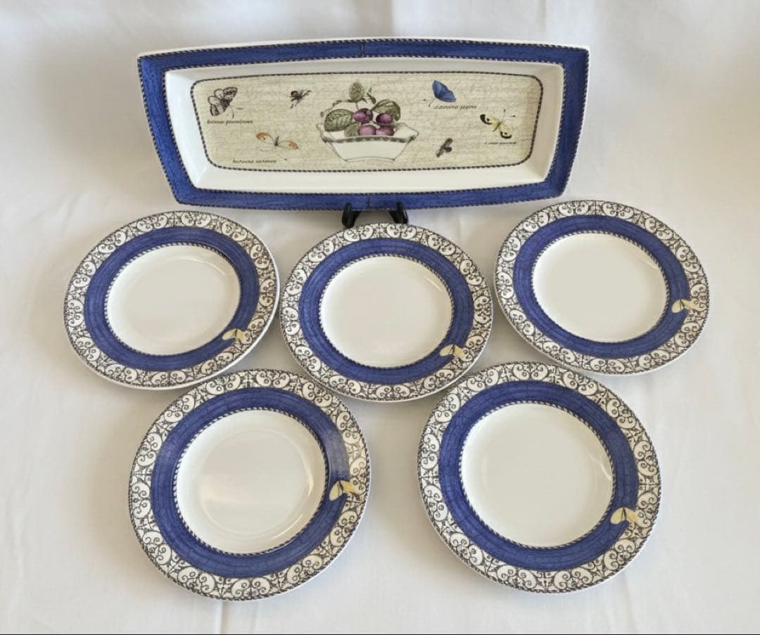 SARAH’S GARDEN 長皿&ケーキ皿　デザート皿フルーツ皿5枚セット プレート 中皿 丸皿 唐草 アラベスク パン皿 デザート サラダ ケーキ皿