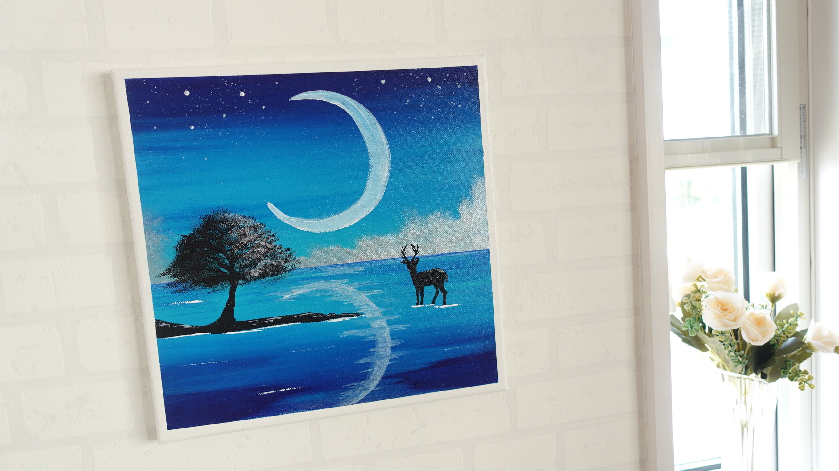 幻想の世界・鹿と三日月【アクリル画】原画・イラスト・幻想的 30×30