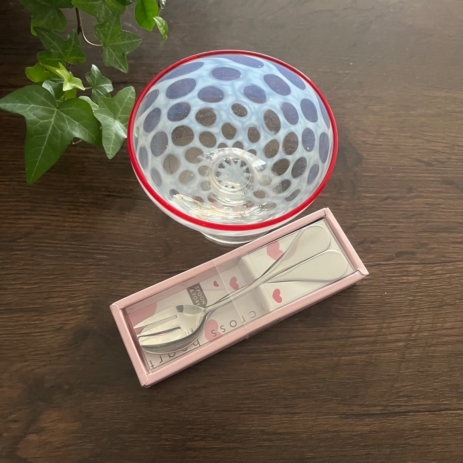 セット＞大正時代 水玉紋様 氷コップ 赤 ＋ クロスハート スプーン