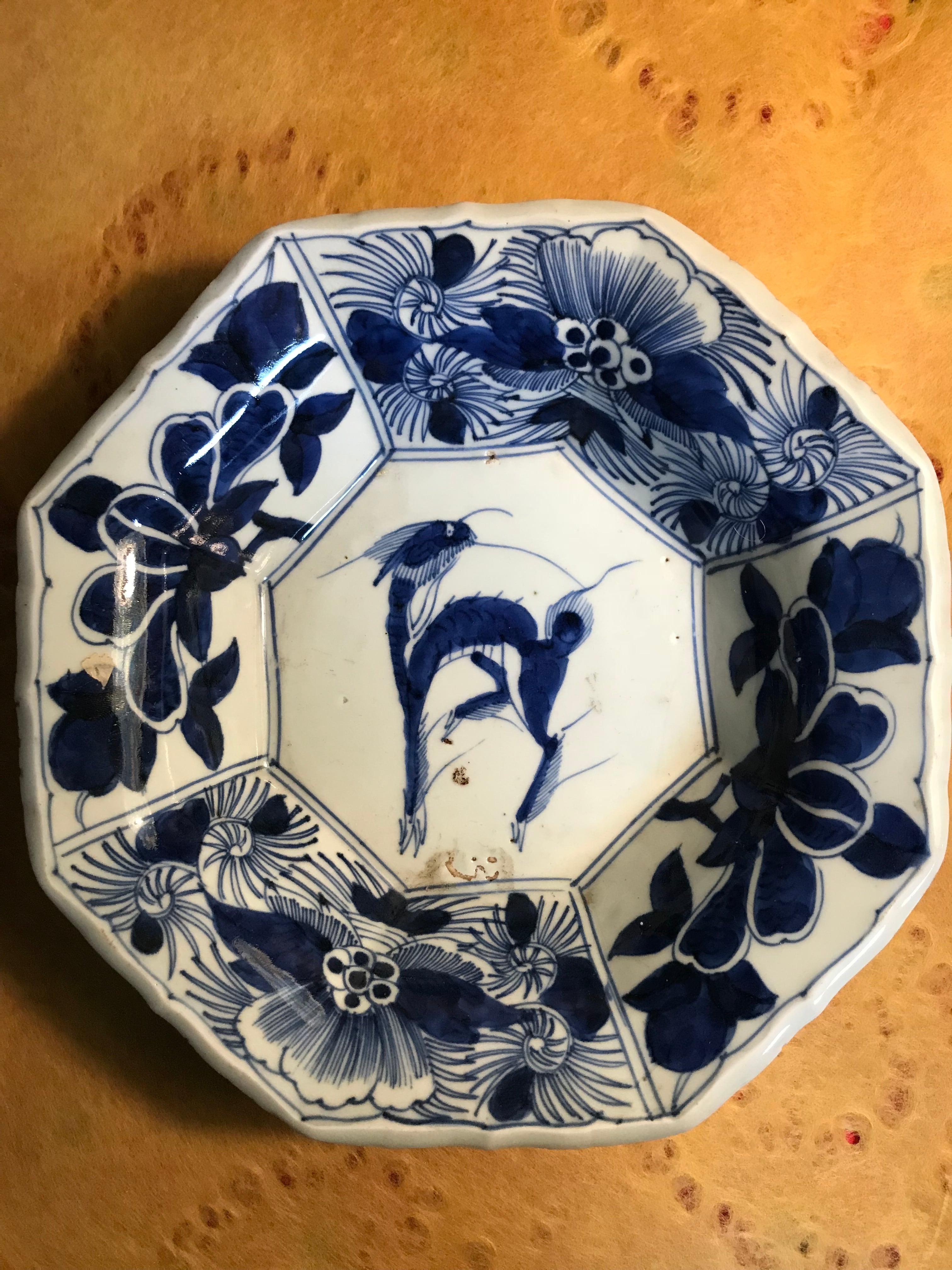 古伊万里 八角皿 椿文・瑞獣文 染付 Antique Ko-Imari Octagonal Dish