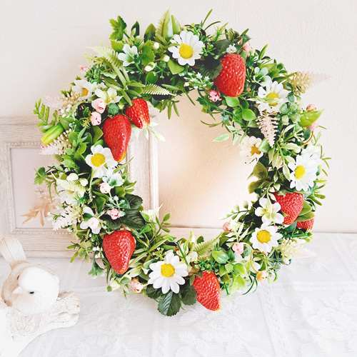 いちごのリース(アーティフィシャルフラワー使用、約24cm) 造花